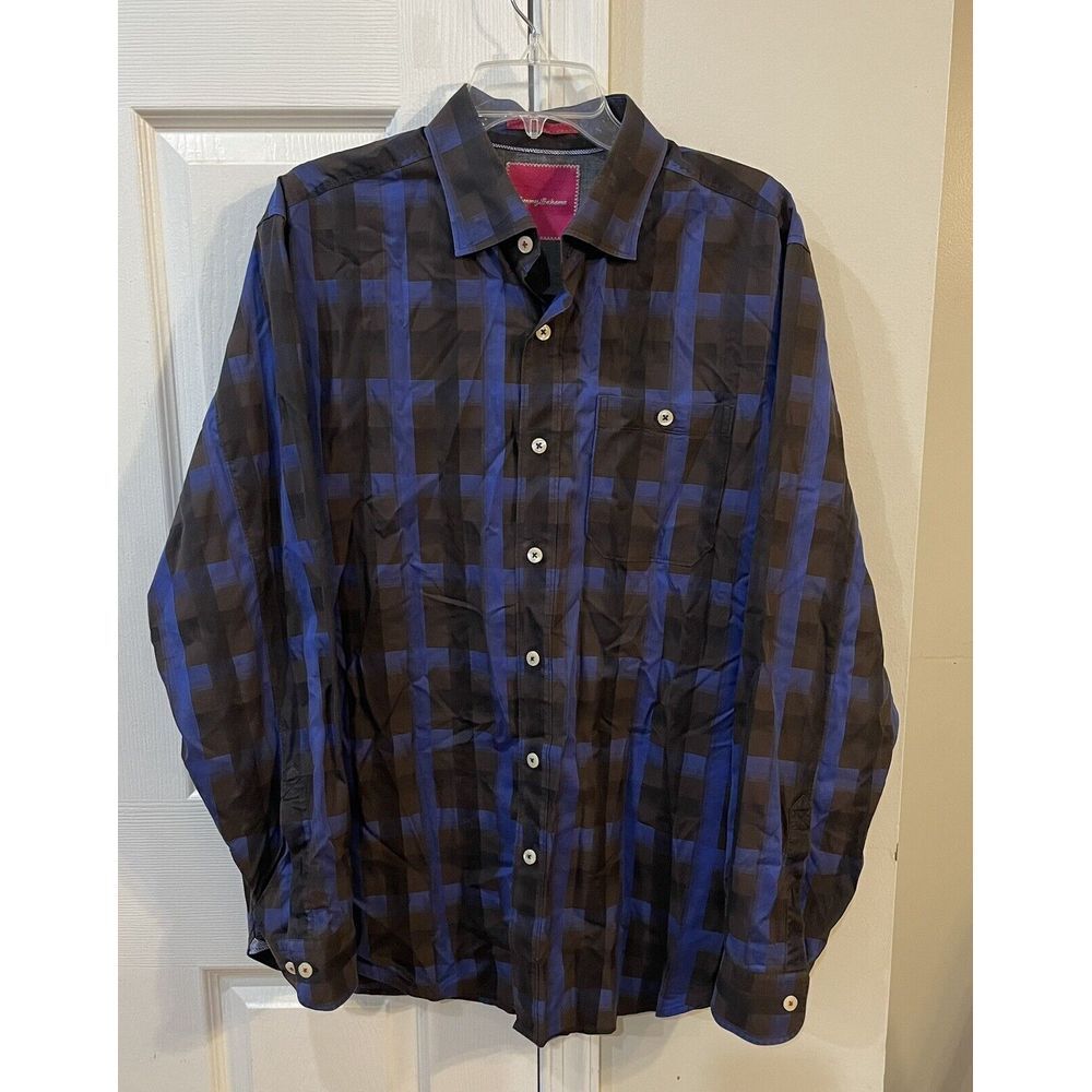 Tommy Bahama Long‎ Sleeve Button Down Shirt Blue Black Plaid Mens Size Large